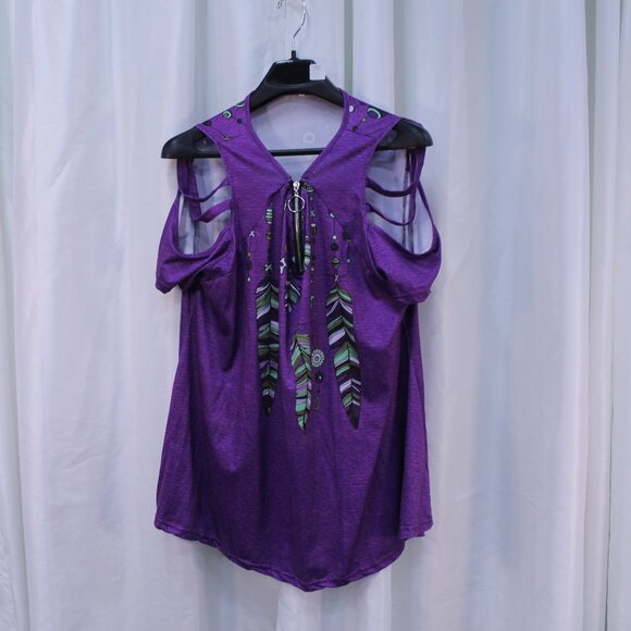 Tops - Elegant Purple Cold Shoulder Blouse with Feather Accents